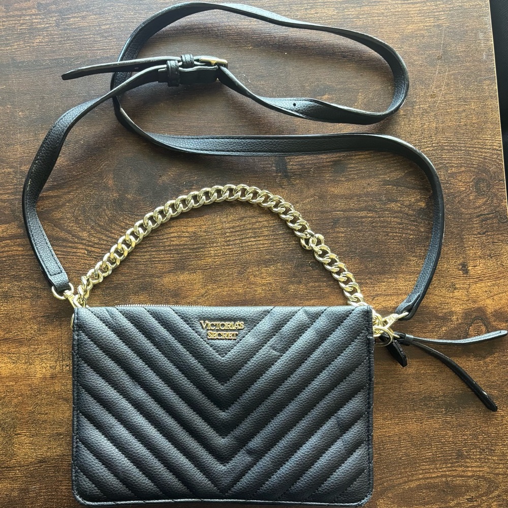 Victoria's Secret Black and Gold Chevron Crossbody Bag